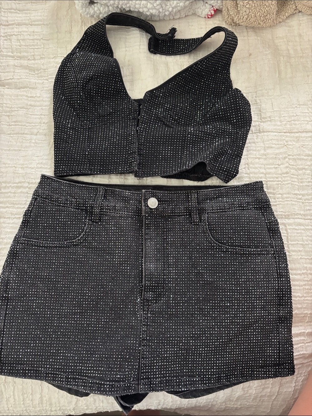 Windsor Black Rhinestone-Trim Mini Skirt & Crop Top Set